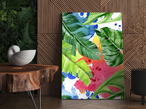 Exotic tropical hawaiian palm tree leaves. Watercolor background illustration set. Seamless background pattern. 