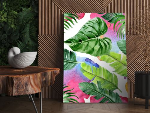 Exotic tropical hawaiian palm tree leaves. Watercolor background illustration set. Seamless background pattern. 