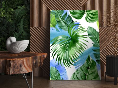 Exotic tropical hawaiian palm tree leaves. Watercolor background illustration set. Seamless background pattern. 