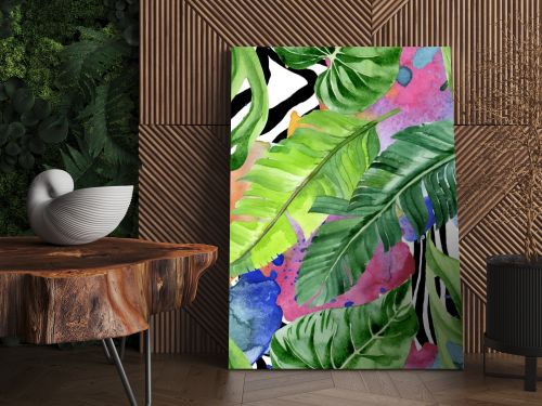 Exotic tropical hawaiian palm tree leaves. Watercolor background illustration set. Seamless background pattern. 