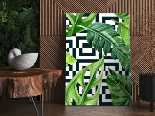 Exotic tropical hawaiian palm tree leaves. Watercolor background illustration set. Seamless background pattern. 