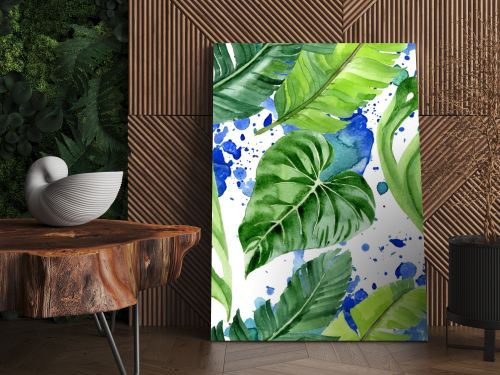 Exotic tropical hawaiian palm tree leaves. Watercolor background illustration set. Seamless background pattern. 