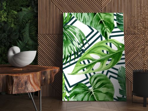 Exotic tropical hawaiian palm tree leaves. Watercolor background illustration set. Seamless background pattern. 