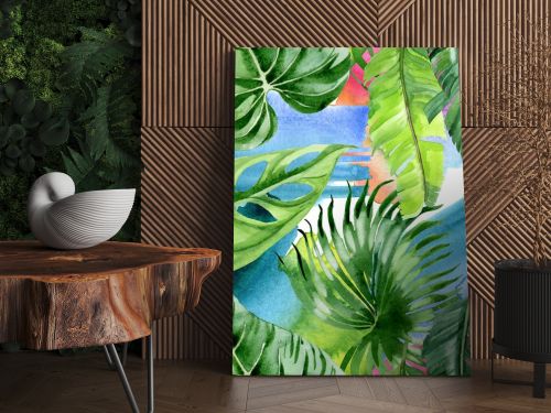 Exotic tropical hawaiian palm tree leaves. Watercolor background illustration set. Seamless background pattern. 