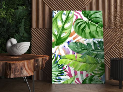 Exotic tropical hawaiian palm tree leaves. Watercolor background illustration set. Seamless background pattern. 