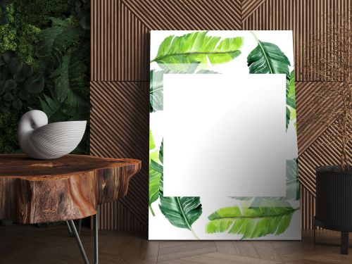 Exotic tropical hawaiian palm tree leaves isolated on white. Watercolor background illustration set. Frame ornament with copy space.