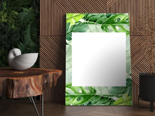 Exotic tropical hawaiian palm tree leaves isolated on white. Watercolor background illustration set. Frame ornament with copy space.