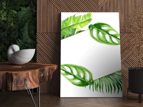 Exotic tropical hawaiian palm tree leaves isolated on white. Watercolor background illustration set. Frame ornament with copy space.