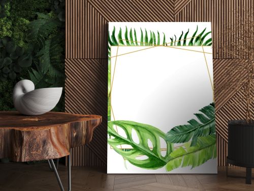 Exotic tropical hawaiian palm tree leaves isolated on white. Watercolor background illustration set. Frame ornament with copy space.