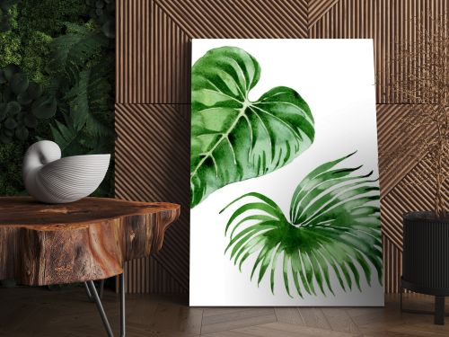 Exotic tropical hawaiian palm tree leaves isolated on white. Watercolor background illustration set. 