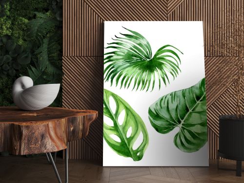 Exotic tropical hawaiian palm tree leaves isolated on white. Watercolor background illustration set. 