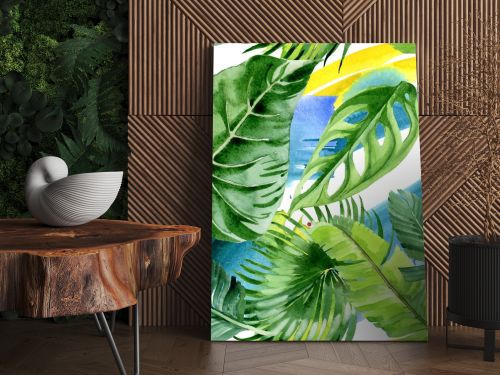 Exotic tropical hawaiian palm tree leaves. Watercolor background illustration set. Seamless background pattern. 