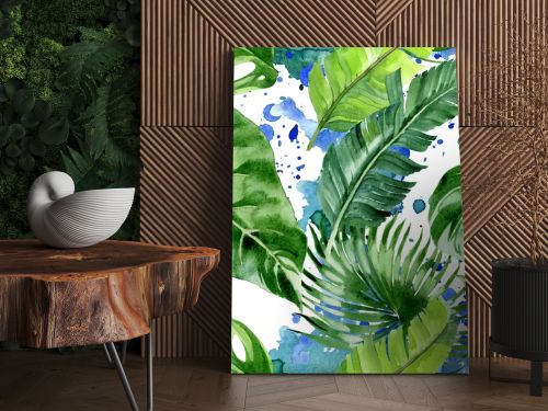 Exotic tropical hawaiian palm tree leaves. Watercolor background illustration set. Seamless background pattern. 