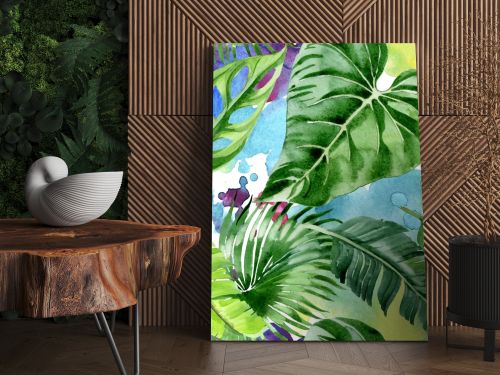 Exotic tropical hawaiian palm tree leaves. Watercolor background illustration set. Seamless background pattern. 