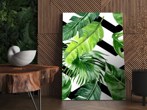 Exotic tropical hawaiian palm tree leaves. Watercolor background illustration set. Seamless background pattern. 