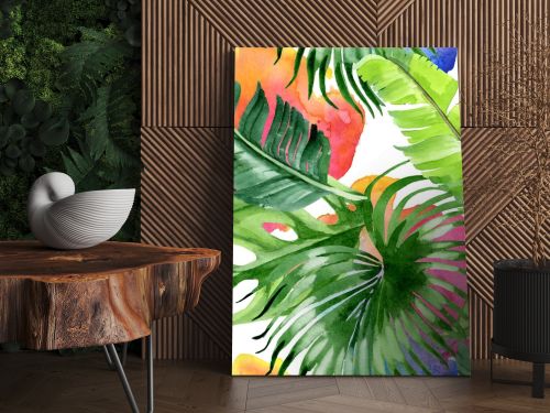 Exotic tropical hawaiian palm tree leaves. Watercolor background illustration set. Seamless background pattern. 