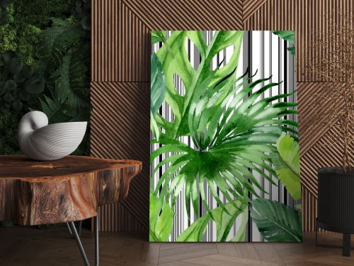 Exotic tropical hawaiian palm tree leaves. Watercolor background illustration set. Seamless background pattern. 