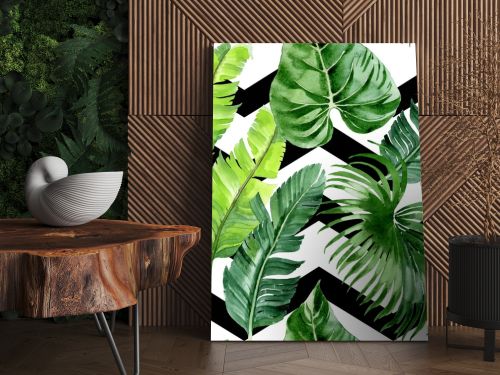 Exotic tropical hawaiian palm tree leaves. Watercolor background illustration set. Seamless background pattern. 