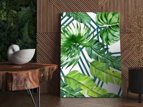 Exotic tropical hawaiian palm tree leaves. Watercolor background illustration set. Seamless background pattern. 