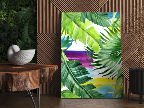 Exotic tropical hawaiian palm tree leaves. Watercolor background illustration set. Seamless background pattern. 