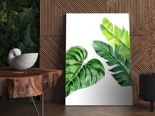 Exotic tropical hawaiian palm tree leaves isolated on white. Watercolor background illustration set. 