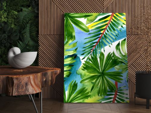 Palm beach tree leaves jungle botanical. Watercolor background illustration set. Seamless background pattern.