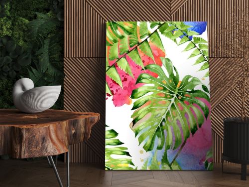 Palm beach tree leaves jungle botanical. Watercolor background illustration set. Seamless background pattern.