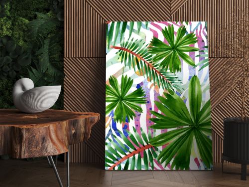 Palm beach tree leaves jungle botanical. Watercolor background illustration set. Seamless background pattern.