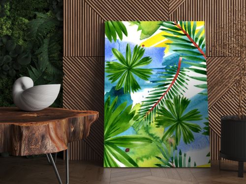 Palm beach tree leaves jungle botanical. Watercolor background illustration set. Seamless background pattern.