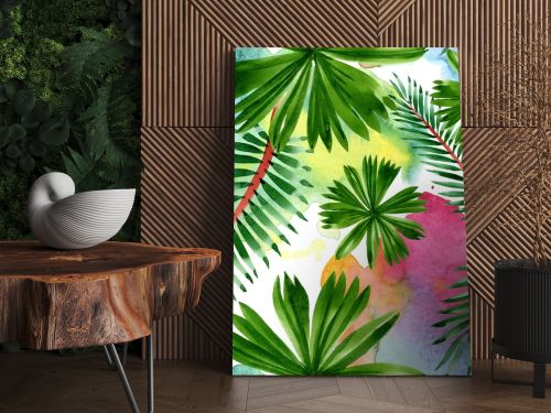 Palm beach tree leaves jungle botanical. Watercolor background illustration set. Seamless background pattern.