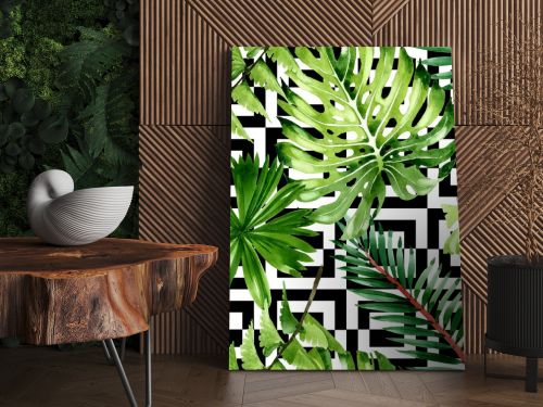 Palm beach tree leaves jungle botanical. Watercolor background illustration set. Seamless background pattern.