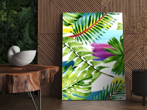Palm beach tree leaves jungle botanical. Watercolor background illustration set. Seamless background pattern.