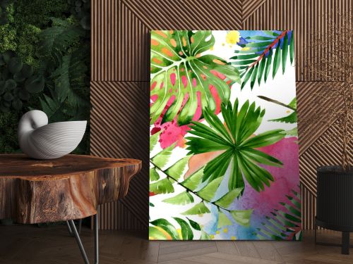 Palm beach tree leaves jungle botanical. Watercolor background illustration set. Seamless background pattern.