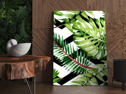 Palm beach tree leaves jungle botanical. Watercolor background illustration set. Seamless background pattern.