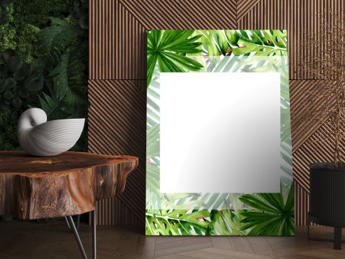 Palm beach tree leaves jungle botanical. Watercolor background illustration set. Frame border ornament square.