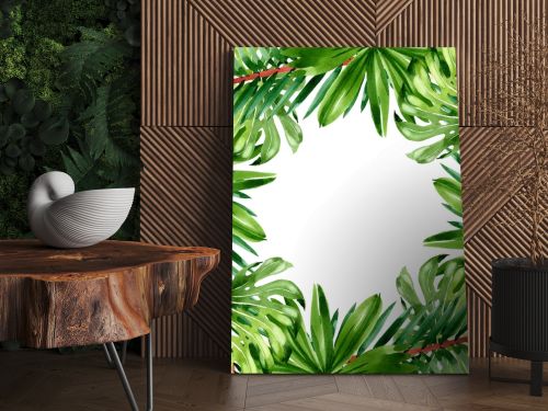 Palm beach tree leaves jungle botanical. Watercolor background illustration set. Frame border ornament square.