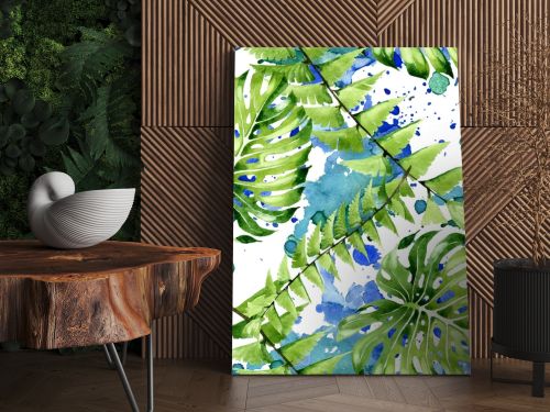 Palm beach tree leaves jungle botanical. Watercolor background illustration set. Seamless background pattern.