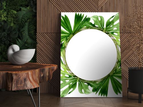 Palm beach tree leaves jungle botanical. Watercolor background illustration set. Frame border ornament square.