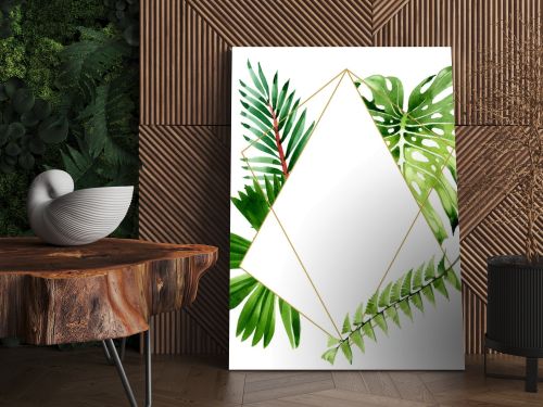 Palm beach tree leaves jungle botanical. Watercolor background illustration set. Frame border ornament square.