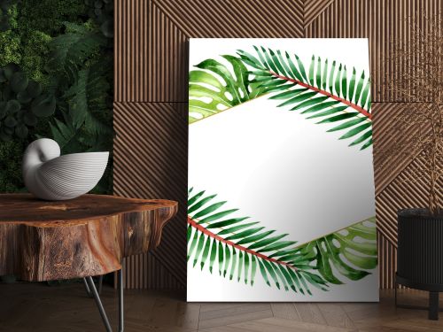 Palm beach tree leaves jungle botanical. Watercolor background illustration set. Frame border ornament square.
