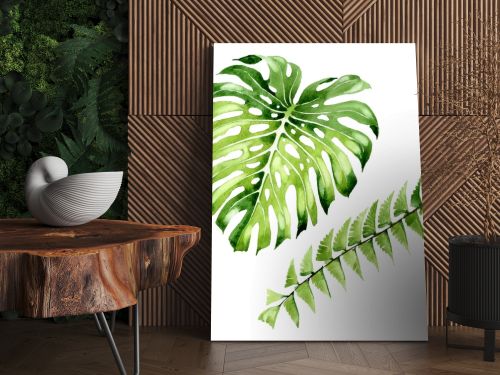 Palm beach tree leaves jungle botanical. Watercolor background illustration set. Isolated leaf illustration element.