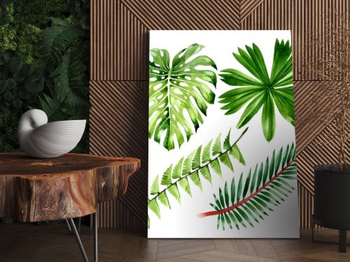 Palm beach tree leaves jungle botanical. Watercolor background illustration set. Isolated leaf illustration element.
