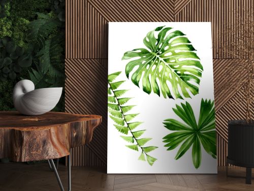 Palm beach tree leaves jungle botanical. Watercolor background illustration set. Isolated leaf illustration element.