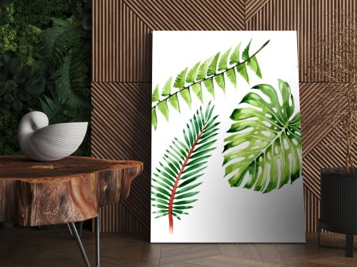 Palm beach tree leaves jungle botanical. Watercolor background illustration set. Isolated leaf illustration element.