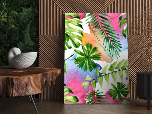 Palm beach tree leaves jungle botanical. Watercolor background illustration set. Seamless background pattern.