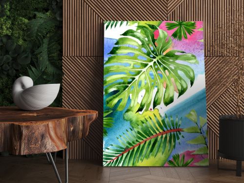 Palm beach tree leaves jungle botanical. Watercolor background illustration set. Seamless background pattern.