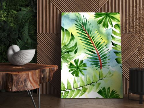 Palm beach tree leaves jungle botanical. Watercolor background illustration set. Seamless background pattern.