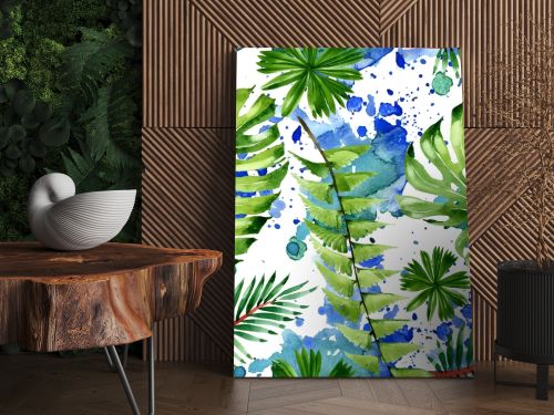 Palm beach tree leaves jungle botanical. Watercolor background illustration set. Seamless background pattern.