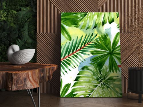 Palm beach tree leaves jungle botanical. Watercolor background illustration set. Seamless background pattern.