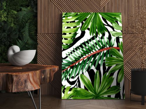 Palm beach tree leaves jungle botanical. Watercolor background illustration set. Seamless background pattern.